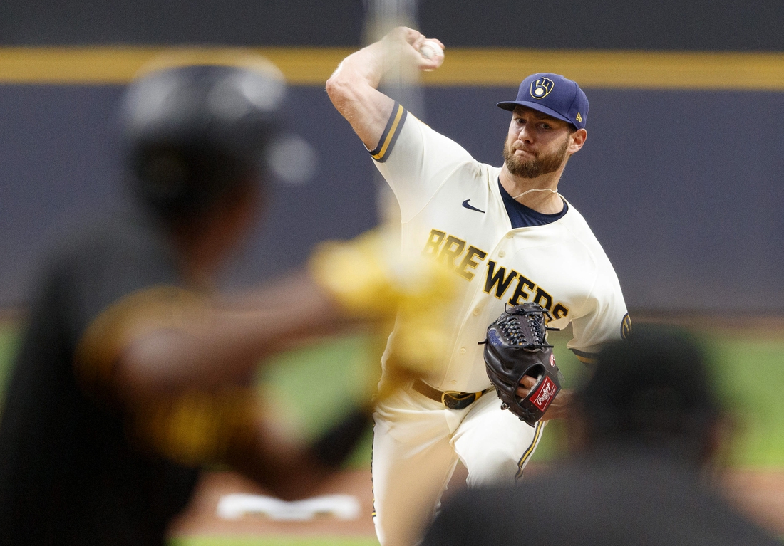 Aug 3, 2021; Milwaukee, Wisconsin, USA;  Milwaukee Brewers pitcher Adrian Houser (37) throws a pitch against the Pittsburgh Pirates during the first inning at American Family Field. Mandatory Credit: Jeff Hanisch-USA TODAY Sports