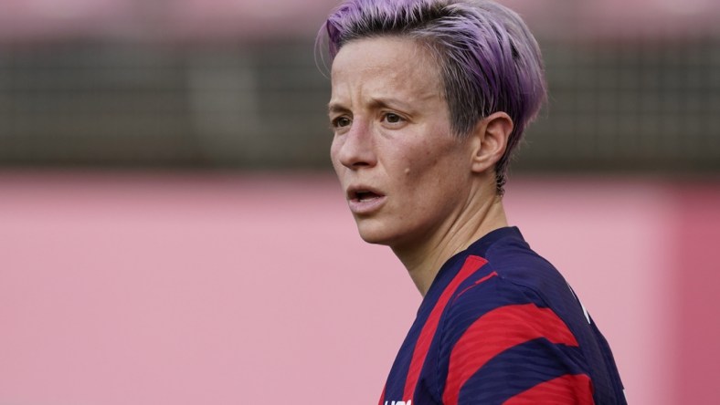 Aug 5, 2021; Ibaraki, Japan; Team United States forward Megan Rapinoe (15) in action against Australia in the first half during the bronze medal match during the Tokyo 2020 Olympic Summer Games at Ibaraki Kashima Stadium. Mandatory Credit: Grace Hollars-USA TODAY Sports