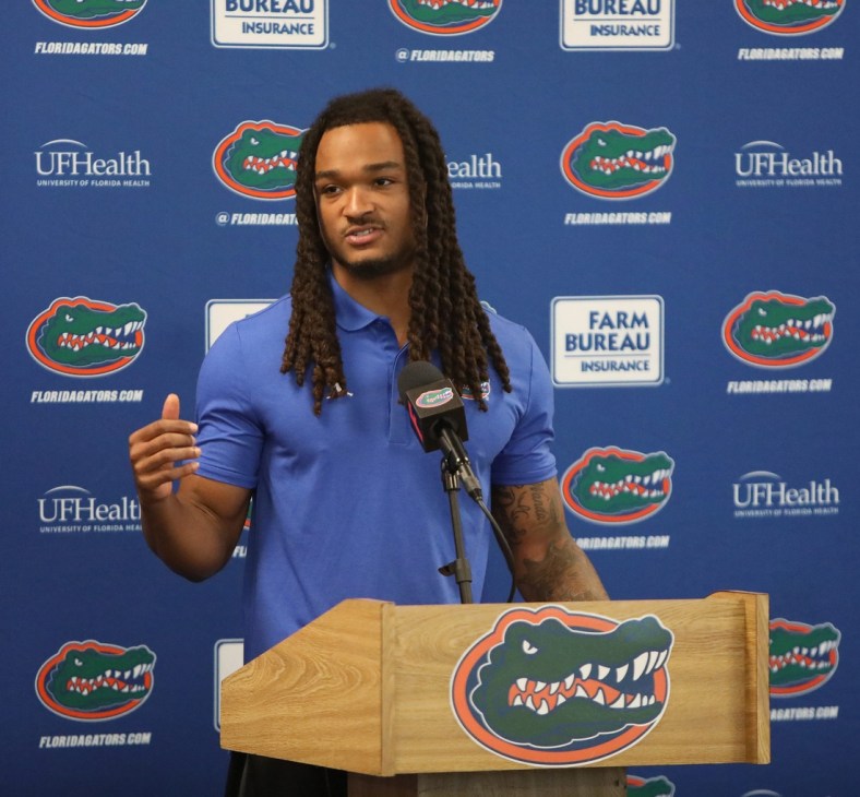 Jaydon Hill, a Florida Gators cornerback, responds to a question from the media during a press conference before the start of  Fall football practice, at Ben Hill Griffin Stadium in Gainesville, Fla., Aug. 5, 2021.

UFmediaDay09