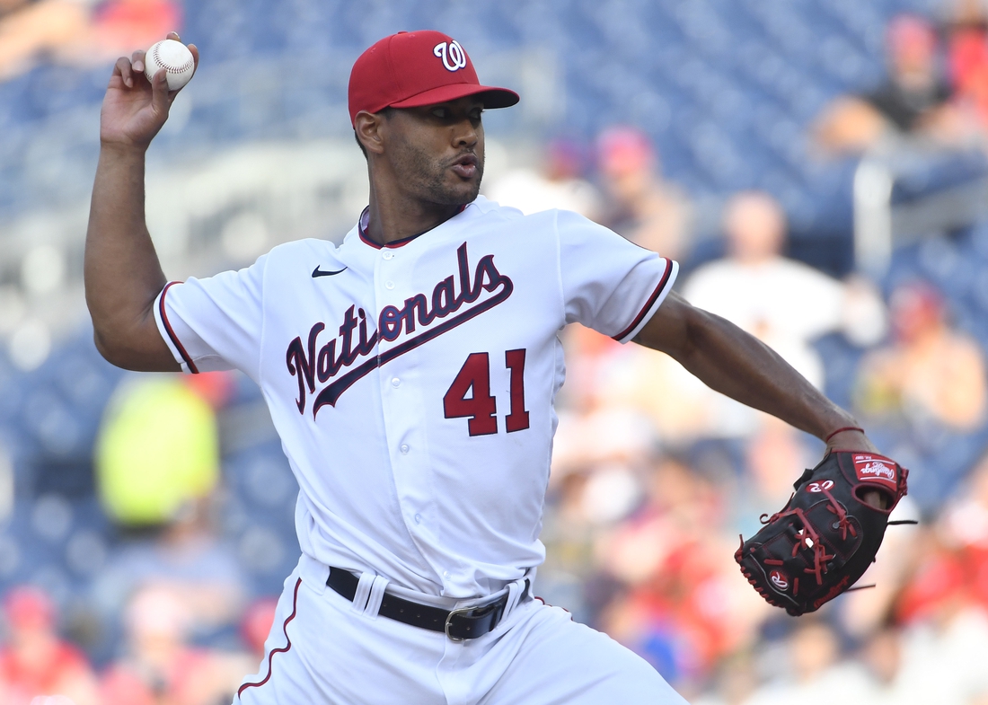 Aug 5, 2021; Washington, District of Columbia, USA; Washington Nationals starting pitcher Joe Ross (41) throws to the Philadelphia Phillies during the seventh inning at Nationals Park. Mandatory Credit: Brad Mills-USA TODAY Sports