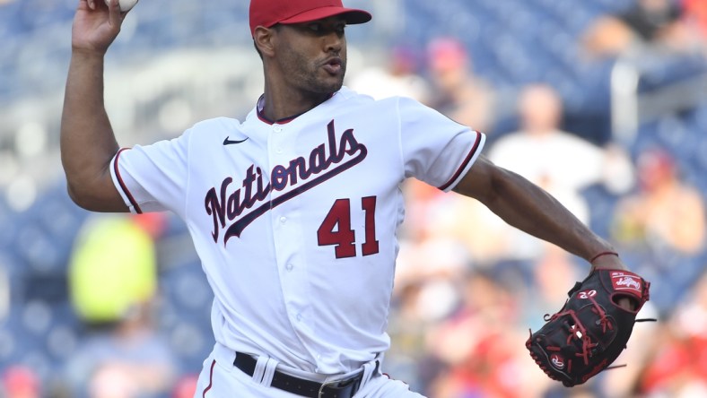 Aug 5, 2021; Washington, District of Columbia, USA; Washington Nationals starting pitcher Joe Ross (41) throws to the Philadelphia Phillies during the seventh inning at Nationals Park. Mandatory Credit: Brad Mills-USA TODAY Sports