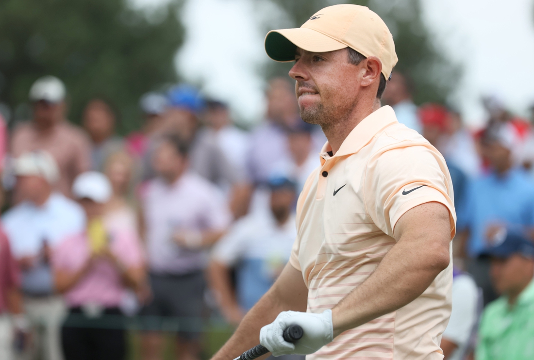 Rory McIlroy reacts to his tee shot from Hole No. 14 during the second round of the World Golf Championships FedEx-St. Jude Invitational at TPC Southwind  in Memphis, Tenn. on Friday, August 6, 2021.

Jrca6681