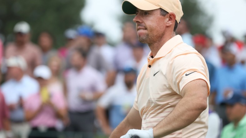 Rory McIlroy reacts to his tee shot from Hole No. 14 during the second round of the World Golf Championships FedEx-St. Jude Invitational at TPC Southwind  in Memphis, Tenn. on Friday, August 6, 2021.

Jrca6681