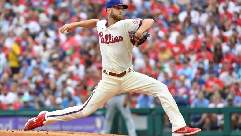 Aug 8, 2021; Philadelphia, Pennsylvania, USA; Philadelphia Phillies starting pitcher Zack Wheeler (45) throws a pitch against the New York Mets during the first inning at Citizens Bank Park. Mandatory Credit: Eric Hartline-USA TODAY Sports