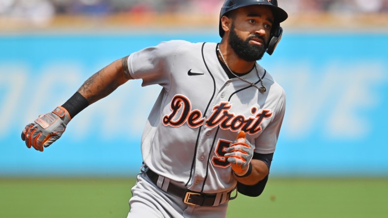 Aug 8, 2021; Cleveland, Ohio, USA; Detroit Tigers center fielder Derek Hill (54) rounds the bases after hitting a home run during the second inning against the Cleveland Indians at Progressive Field. Mandatory Credit: Ken Blaze-USA TODAY Sports