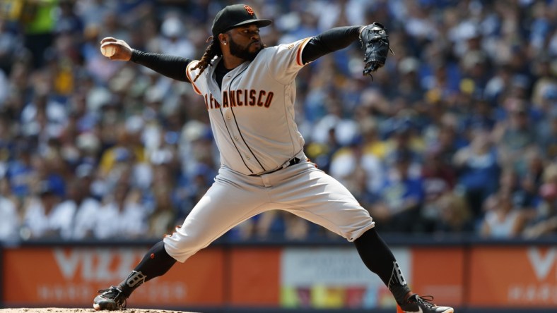 Aug 8, 2021; Milwaukee, Wisconsin, USA;  San Francisco Giants pitcher Johnny Cueto (47) throws a pitch during the first inning against the Milwaukee Brewers at American Family Field. Mandatory Credit: Jeff Hanisch-USA TODAY Sports