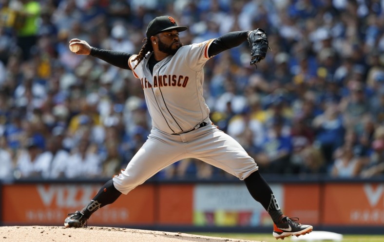 Aug 8, 2021; Milwaukee, Wisconsin, USA;  San Francisco Giants pitcher Johnny Cueto (47) throws a pitch during the first inning against the Milwaukee Brewers at American Family Field. Mandatory Credit: Jeff Hanisch-USA TODAY Sports