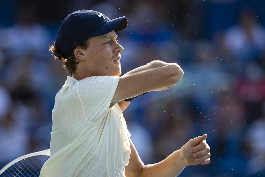 Aug 8, 2021; Washington, DC, USA; Jannik Sinner of Italy in action against Mackenzie McDonald of the United States (not pictured) during the singles final match at Citi Open at Rock Creek Park Tennis Center. Mandatory Credit: Scott Taetsch-USA TODAY Sports