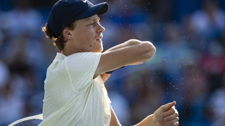 Aug 8, 2021; Washington, DC, USA; Jannik Sinner of Italy in action against Mackenzie McDonald of the United States (not pictured) during the singles final match at Citi Open at Rock Creek Park Tennis Center. Mandatory Credit: Scott Taetsch-USA TODAY Sports