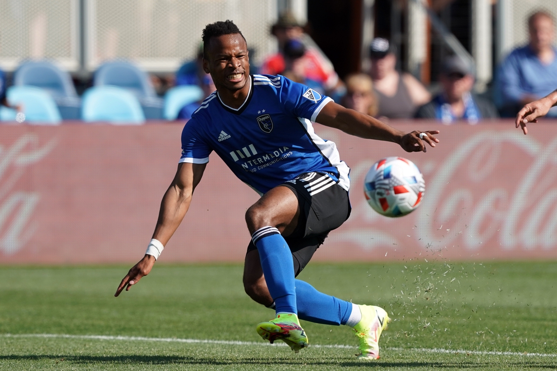 Aug 8, 2021; San Jose, California, USA; San Jose Earthquakes forward Jeremy Ebobisse (11) passes during the first half against the Los Angeles FC at PayPal Park. Mandatory Credit: Darren Yamashita-USA TODAY Sports