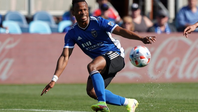 Aug 8, 2021; San Jose, California, USA; San Jose Earthquakes forward Jeremy Ebobisse (11) passes during the first half against the Los Angeles FC at PayPal Park. Mandatory Credit: Darren Yamashita-USA TODAY Sports