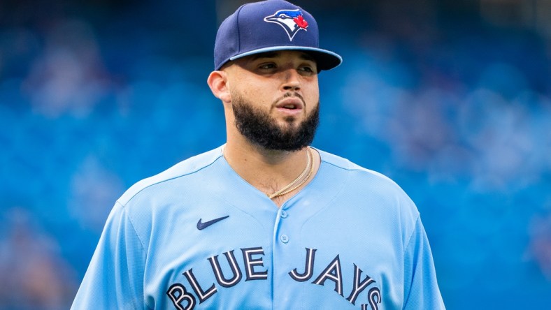 Aug 6, 2021; Toronto, Ontario, CAN; Toronto Blue Jays starting pitcher Alek Manoah (6) looks on against the Boston Red Sox at Rogers Centre. Mandatory Credit: Kevin Sousa-USA TODAY Sports