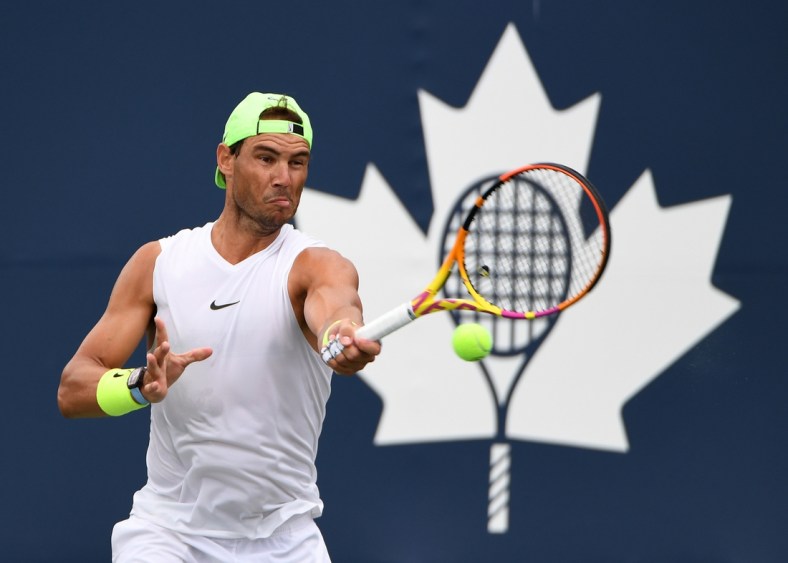 Aug 10, 2021; Toronto, Ontario, Canada;  Rafael Nadal of Spain hits a shot as he practices on a day off before playing in the National Bank Open at Aviva Centre. Mandatory Credit: Dan Hamilton-USA TODAY Sports