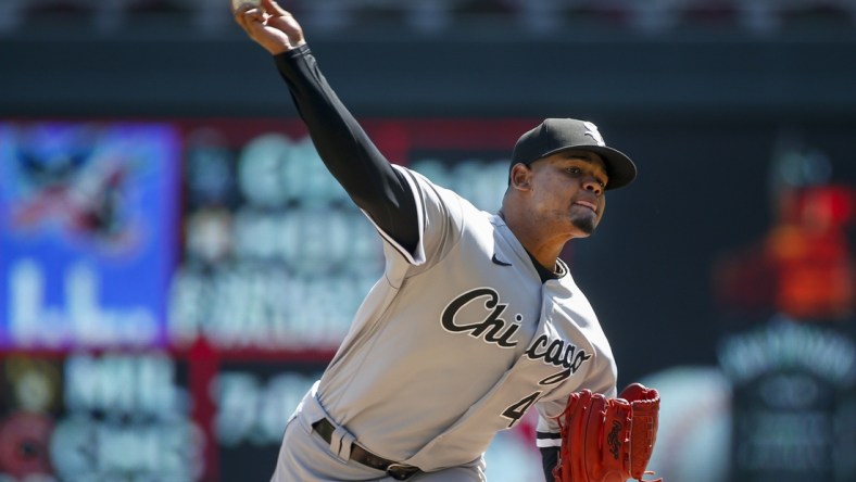 Aug 11, 2021; Minneapolis, Minnesota, USA; Chicago White Sox starting pitcher Reynaldo Lopez (40) throws to the Minnesota Twins in the first inning at Target Field. Mandatory Credit: Bruce Kluckhohn-USA TODAY Sports