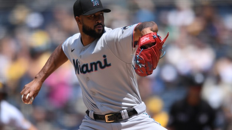 Aug 11, 2021; San Diego, California, USA; Miami Marlins starting pitcher Sandy Alcantara (22) throws a pitch against the San Diego Padres during the second inning at Petco Park. Mandatory Credit: Orlando Ramirez-USA TODAY Sports