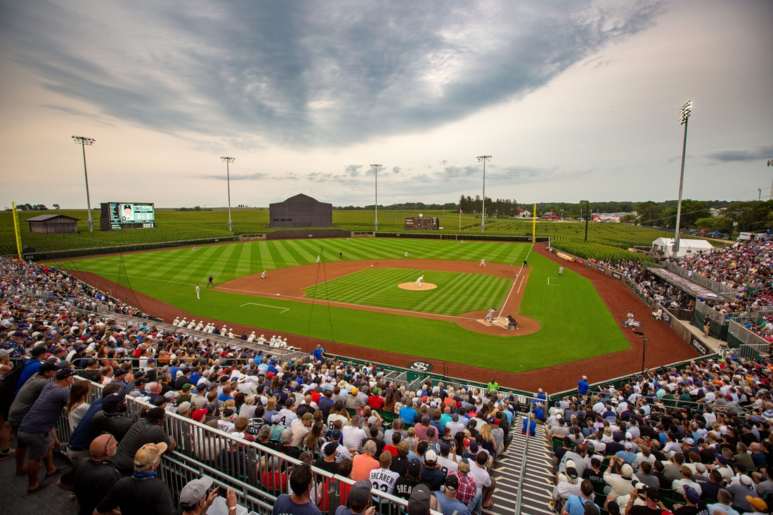 DJ LeMahieu bats for the New York Yankees in their game with the Chicago White Sox near the Field of Dreams movie site outside of Dyersville, Thursday, Aug. 12, 2021.

THREE - Fod32 Jpg