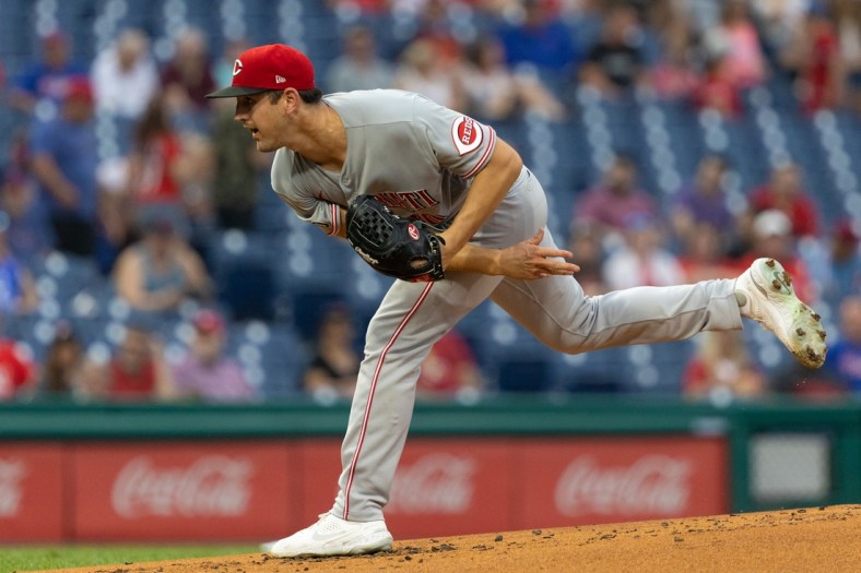 Aug 13, 2021; Philadelphia, Pennsylvania, USA; Cincinnati Reds starting pitcher Tyler Mahle (30) throws a pitch against the Philadelphia Phillies during the first inning at Citizens Bank Park. Mandatory Credit: Bill Streicher-USA TODAY Sports