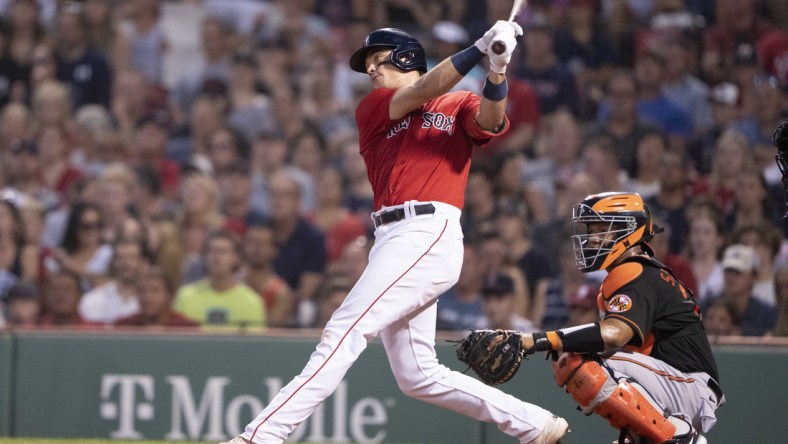 Aug 13, 2021; Boston, Massachusetts, USA; Boston Red Sox first baseman Bobby Dalbec (29) hits an RBI double during the second inning against the Baltimore Orioles at Fenway Park. Mandatory Credit: Gregory Fisher-USA TODAY Sports