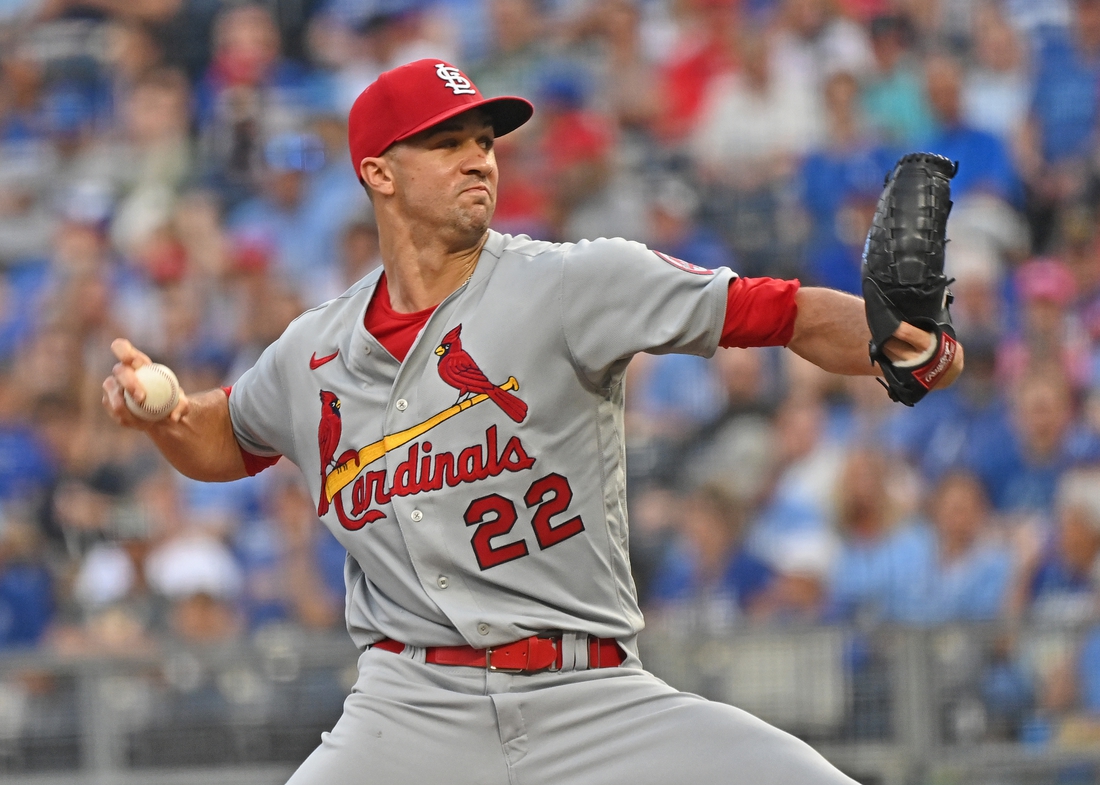 Aug 13, 2021; Kansas City, Missouri, USA;  St. Louis Cardinals starting pitcher Jack Flaherty (22) delivers a pitch during the first inning against the Kansas City Royals at Kauffman Stadium. Mandatory Credit: Peter Aiken-USA TODAY Sports