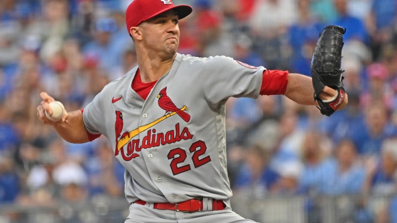 Aug 13, 2021; Kansas City, Missouri, USA;  St. Louis Cardinals starting pitcher Jack Flaherty (22) delivers a pitch during the first inning against the Kansas City Royals at Kauffman Stadium. Mandatory Credit: Peter Aiken-USA TODAY Sports