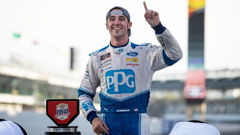 Austin Cindric (22) celebrates on the yard of bricks after winning the NASCAR Xfinity Series Pennzoil 150 on Saturday, Aug. 14, 2021, at Indianapolis Motor Speedway.Austin Cindric 22 Winner Of Nascar Xfinity Series Pennzoil 150 Race At Indianapolis Motor Speedway Saturday Aug 14 2021