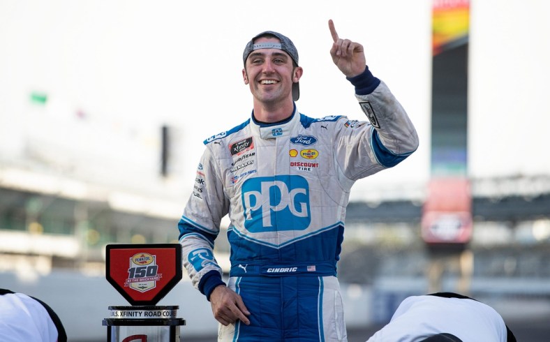 Austin Cindric (22) celebrates on the yard of bricks after winning the NASCAR Xfinity Series Pennzoil 150 on Saturday, Aug. 14, 2021, at Indianapolis Motor Speedway.Austin Cindric 22 Winner Of Nascar Xfinity Series Pennzoil 150 Race At Indianapolis Motor Speedway Saturday Aug 14 2021