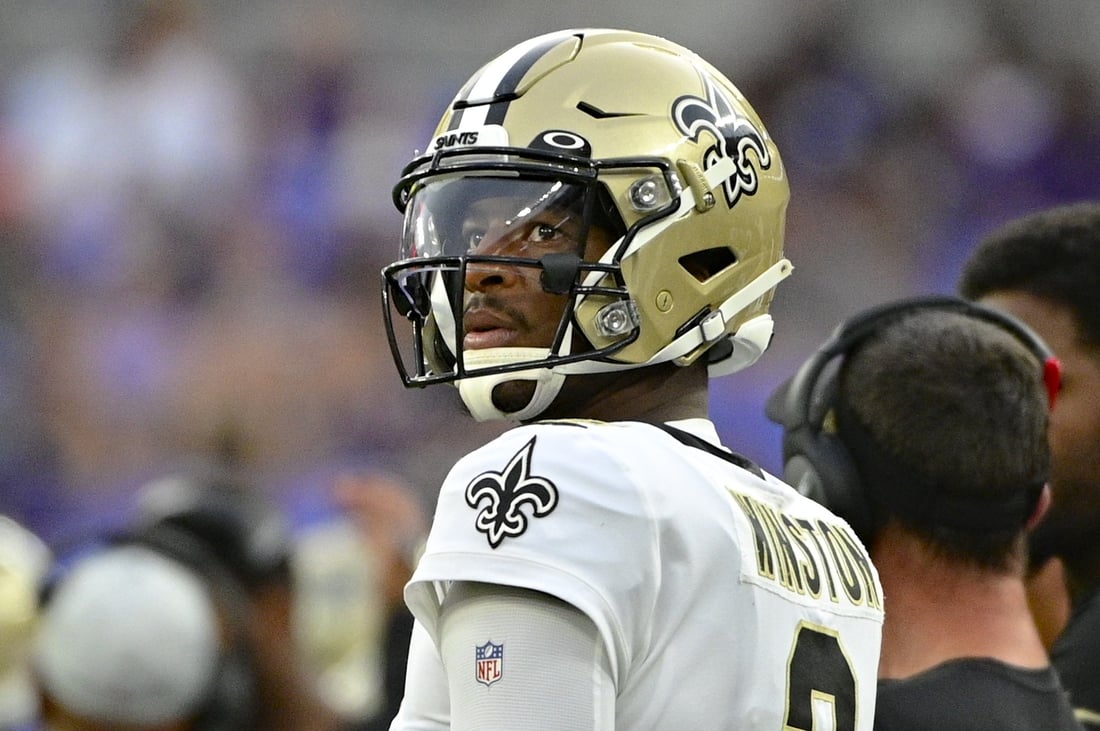 Aug 14, 2021; Baltimore, Maryland, USA;  New Orleans Saints quarterback Jameis Winston (2) looks towards the score board during the first quarter against the Baltimore Ravens at M&T Bank Stadium. Mandatory Credit: Tommy Gilligan-USA TODAY Sports