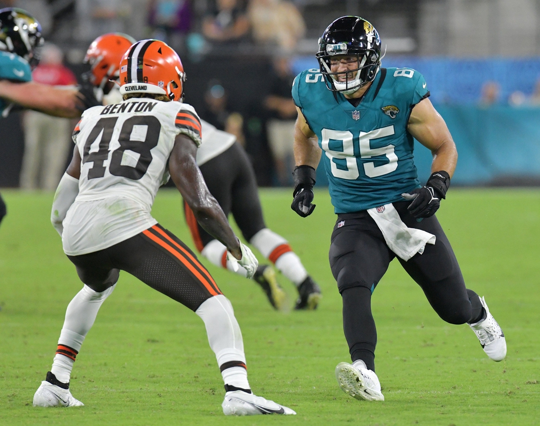 Jacksonville Jaguars tight end Tim Tebow (85) tries to get open while being defended by Cleveland Browns safety Elijah Benton (48) during fourth quarter action. The Jacksonville Jaguars hosted the Cleveland Browns for their only home preseason game at TIAA Bank Field in Jacksonville, Florida Saturday night, August 14, 2021. The Browns led at the half 13 to 0 and won with a final score of 23 to 13.  [Bob Self/Florida Times-Union]

Jki 081421 Jagsvsbrowns 24