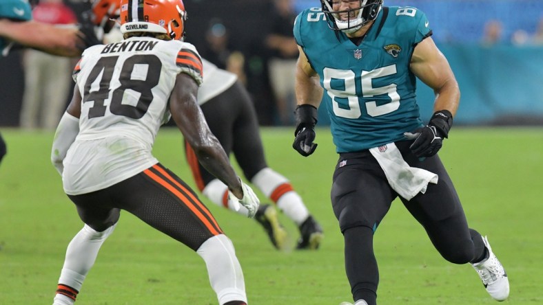 Jacksonville Jaguars tight end Tim Tebow (85) tries to get open while being defended by Cleveland Browns safety Elijah Benton (48) during fourth quarter action. The Jacksonville Jaguars hosted the Cleveland Browns for their only home preseason game at TIAA Bank Field in Jacksonville, Florida Saturday night, August 14, 2021. The Browns led at the half 13 to 0 and won with a final score of 23 to 13.  [Bob Self/Florida Times-Union]

Jki 081421 Jagsvsbrowns 24