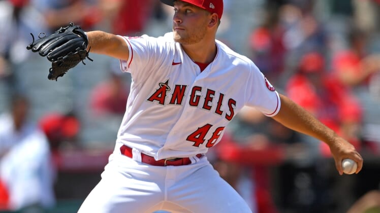 Aug 15, 2021; Anaheim, California, USA;  Los Angeles Angels starting pitcher Reid Detmers (48) in the third inning of the game against the Houston Astros at Angel Stadium. Mandatory Credit: Jayne Kamin-Oncea-USA TODAY Sports