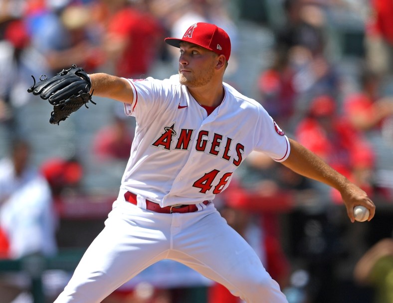 Aug 15, 2021; Anaheim, California, USA;  Los Angeles Angels starting pitcher Reid Detmers (48) in the third inning of the game against the Houston Astros at Angel Stadium. Mandatory Credit: Jayne Kamin-Oncea-USA TODAY Sports