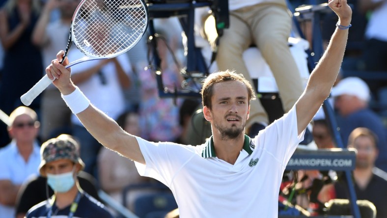 Aug 15, 2021; Toronto, Ontario, Canada;   Daniil Medvedev of Russia waves to fans after defeating Reilly Opelka of the United States in the finals of the National Bank Open at Aviva Centre. Mandatory Credit: Dan Hamilton-USA TODAY Sports