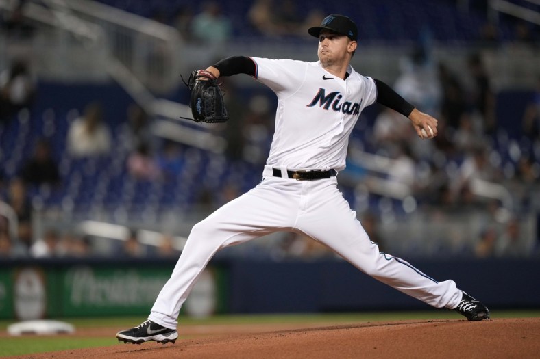 Aug 16, 2021; Miami, Florida, USA; Miami Marlins starting pitcher Braxton Garrett (60) delivers a pitch in the 1st inning against the Atlanta Braves at loanDepot park. Mandatory Credit: Jasen Vinlove-USA TODAY Sports