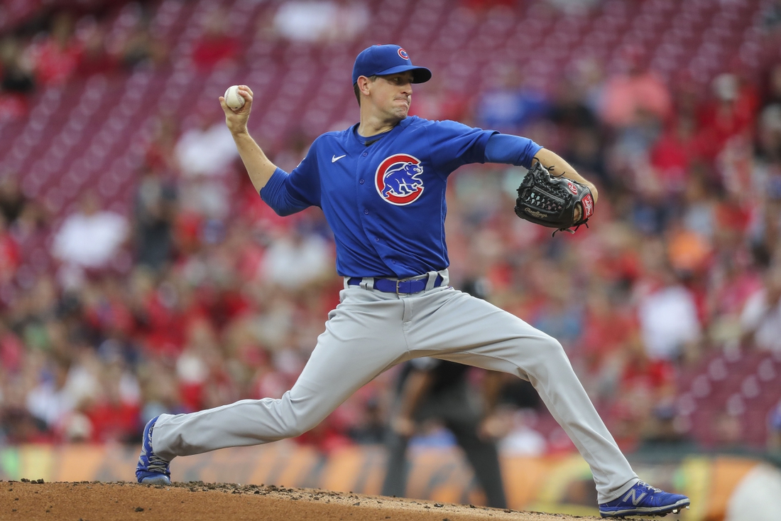 Aug 17, 2021; Cincinnati, Ohio, USA; Chicago Cubs starting pitcher Kyle Hendricks (28) throws a pitch against the Cincinnati Reds in the first inning at Great American Ball Park. Mandatory Credit: Katie Stratman-USA TODAY Sports