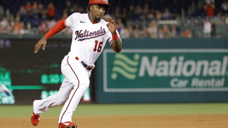 Aug 17, 2021; Washington, District of Columbia, USA; Washington Nationals center fielder Victor Robles (16) rounds third base en route to scoring a run on a two RBI double by Nationals shortstop Alcides Escobar (not pictured) against the Toronto Blue Jays in the third inning at Nationals Park. Mandatory Credit: Geoff Burke-USA TODAY Sports