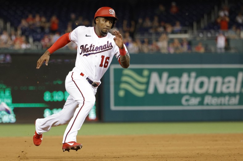 Aug 17, 2021; Washington, District of Columbia, USA; Washington Nationals center fielder Victor Robles (16) rounds third base en route to scoring a run on a two RBI double by Nationals shortstop Alcides Escobar (not pictured) against the Toronto Blue Jays in the third inning at Nationals Park. Mandatory Credit: Geoff Burke-USA TODAY Sports