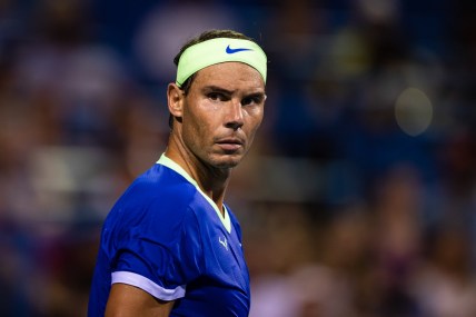 Aug 5, 2021; Washington, DC, USA; Rafael Nadal of Spain reacts after a play against Lloyd Harris of South Africa (not pictured) during the Citi Open at Rock Creek Park Tennis Center. Mandatory Credit: Scott Taetsch-USA TODAY Sports