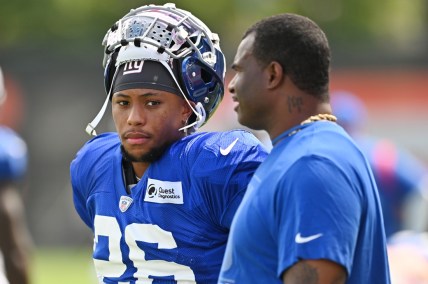 Aug 19, 2021; Berea, OH, USA; New York Giants running back Saquon Barkley (26) during a joint practice with the Cleveland Browns at CrossCountry Mortgage Campus. Mandatory Credit: Ken Blaze-USA TODAY Sports