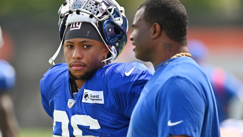 Aug 19, 2021; Berea, OH, USA; New York Giants running back Saquon Barkley (26) during a joint practice with the Cleveland Browns at CrossCountry Mortgage Campus. Mandatory Credit: Ken Blaze-USA TODAY Sports