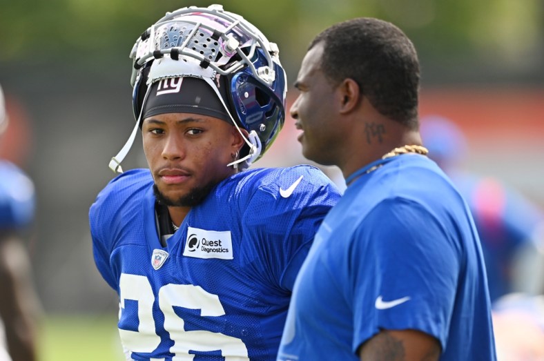 Aug 19, 2021; Berea, OH, USA; New York Giants running back Saquon Barkley (26) during a joint practice with the Cleveland Browns at CrossCountry Mortgage Campus. Mandatory Credit: Ken Blaze-USA TODAY Sports