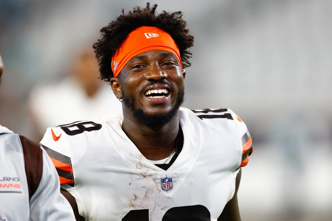 Aug 14, 2021; Jacksonville, Florida, USA;  Cleveland Browns wide receiver Davion Davis (18) looks on post game against the Jacksonville Jaguars at TIAA Bank Field. Mandatory Credit: Nathan Ray Seebeck-USA TODAY Sports