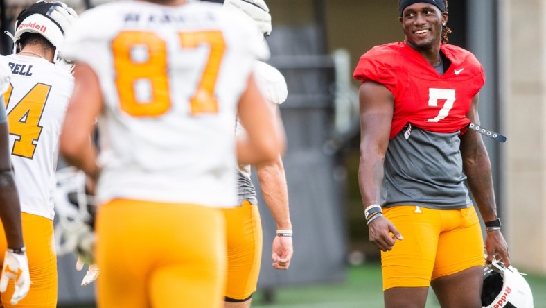 Tennessee quarterback Joe Milton III (7) during morning football practice on campus on Friday, August 20, 2021.

Kns Ut Football Practice Bp