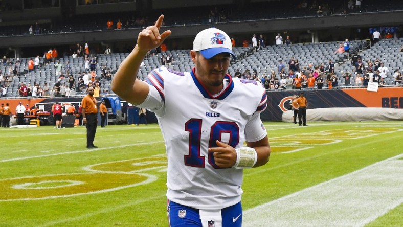 Aug 21, 2021; Chicago, Illinois, USA;  Buffalo Bills quarterback Mitchell Trubisky (10) after the game against the Chicago Bears at Soldier Field. Mandatory Credit: Matt Marton-USA TODAY Sports