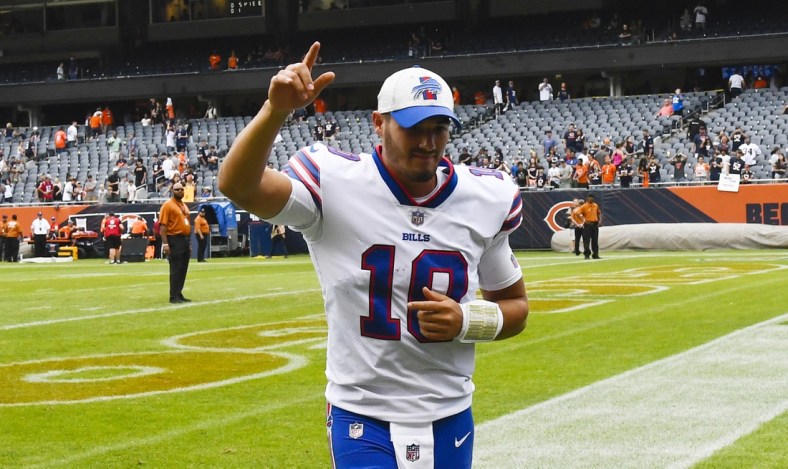 Aug 21, 2021; Chicago, Illinois, USA;  Buffalo Bills quarterback Mitchell Trubisky (10) after the game against the Chicago Bears at Soldier Field. Mandatory Credit: Matt Marton-USA TODAY Sports