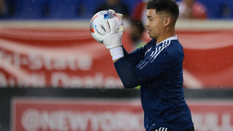 Aug 21, 2021; Harrison, New Jersey, USA; New York City FC goalkeeper Luis Barraza (13) warms up before a match against the New York Red Bulls at Red Bull Arena. Mandatory Credit: Vincent Carchietta-USA TODAY Sports