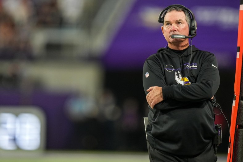 Aug 21, 2021; Minneapolis, Minnesota, USA; Minnesota Vikings head coach Mike Zimmer looks on during the second quarter against the Indianapolis Colts at U.S. Bank Stadium. Mandatory Credit: Brace Hemmelgarn-USA TODAY Sports