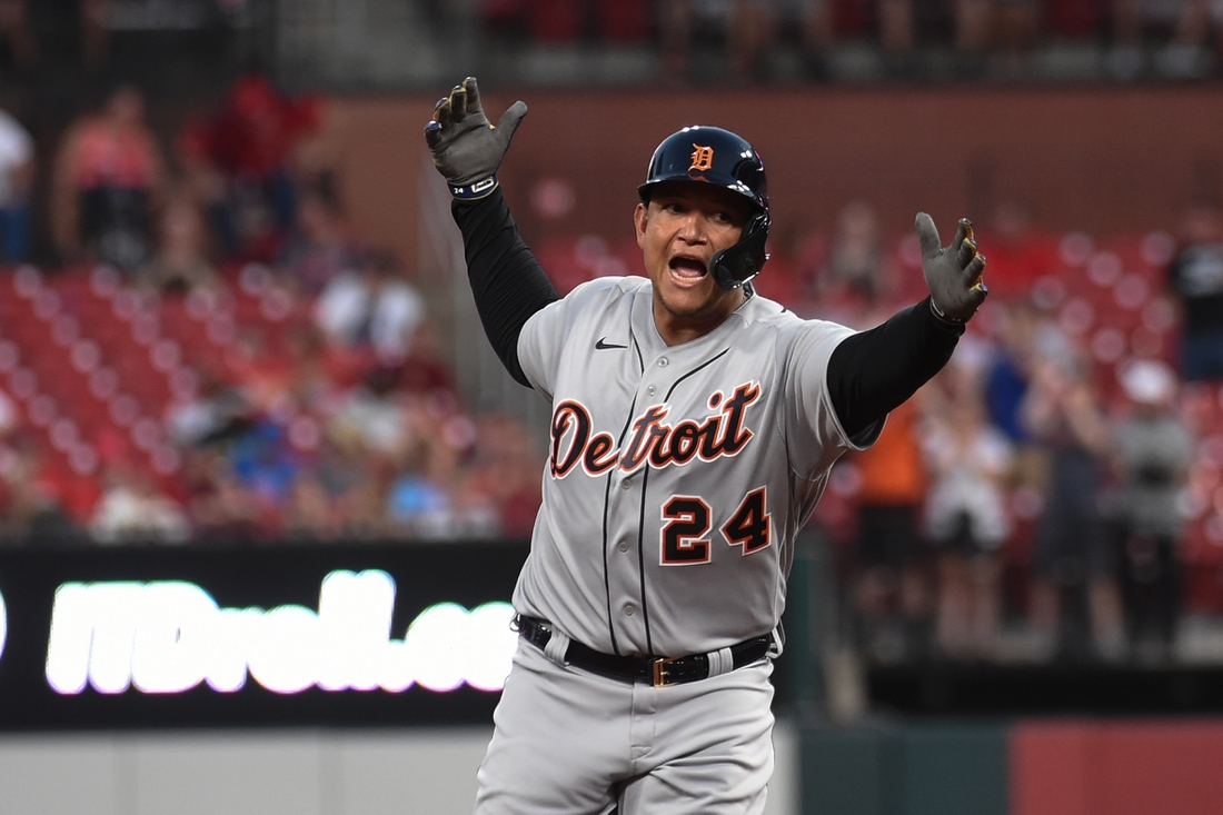 Detroit Tigers first baseman Miguel Cabrera hits the ground