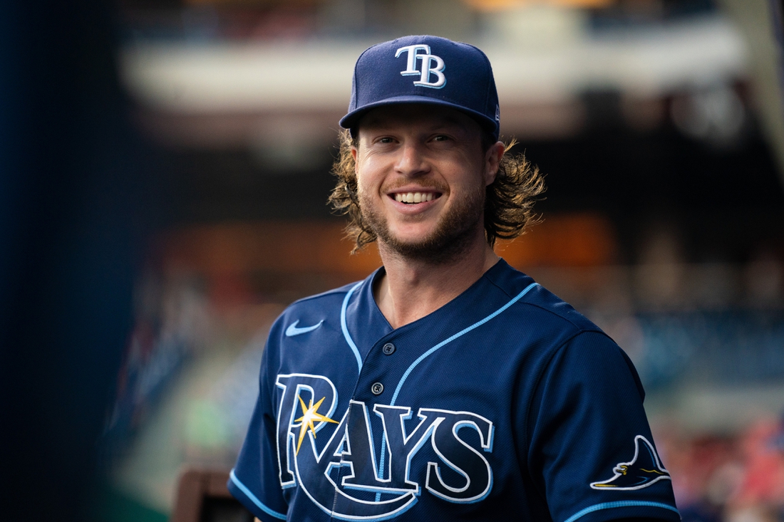 Aug 25, 2021; Philadelphia, Pennsylvania, USA; Tampa Bay Rays right fielder Brett Phillips before action against the Philadelphia Phillies at Citizens Bank Park. Mandatory Credit: Bill Streicher-USA TODAY Sports