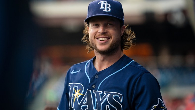 Aug 25, 2021; Philadelphia, Pennsylvania, USA; Tampa Bay Rays right fielder Brett Phillips before action against the Philadelphia Phillies at Citizens Bank Park. Mandatory Credit: Bill Streicher-USA TODAY Sports