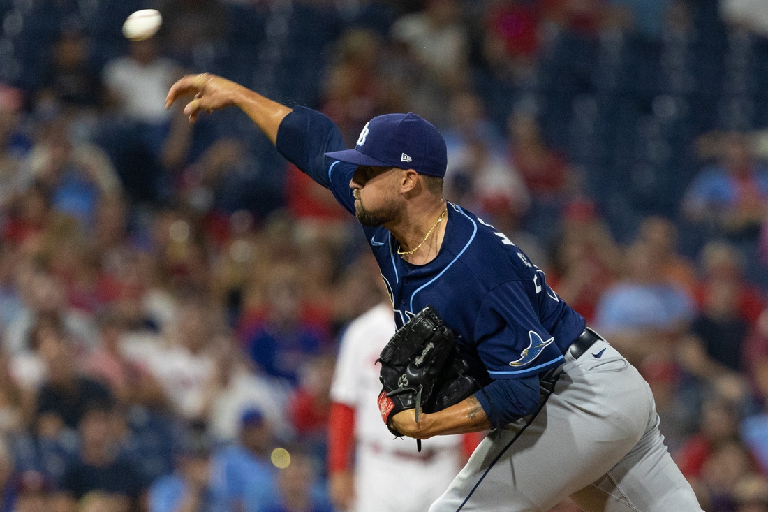 Aug 25, 2021; Philadelphia, Pennsylvania, USA; Tampa Bay Rays relief pitcher Shawn Armstrong (46) throws a pitch against the Philadelphia Phillies during the fifth inning at Citizens Bank Park. Mandatory Credit: Bill Streicher-USA TODAY Sports